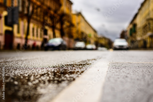 Rainy day in the big city, on an empty road there are parked cars. Close up view from the level of the dividing line