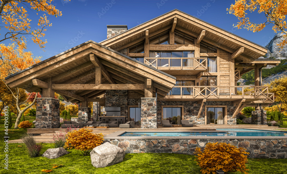 3d rendering of modern cozy chalet with pool and parking for sale or rent. Beautiful forest mountains on background. Massive timber beams columns. Clear sunny autumn day with golden leaves anywhere.