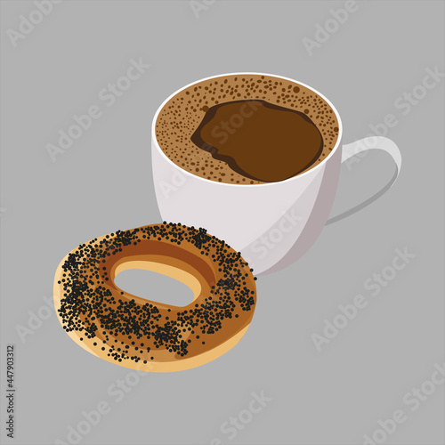 Tea, coffee and a bagel with poppy seeds. White cup with coffee or tea. Breakfast. Set