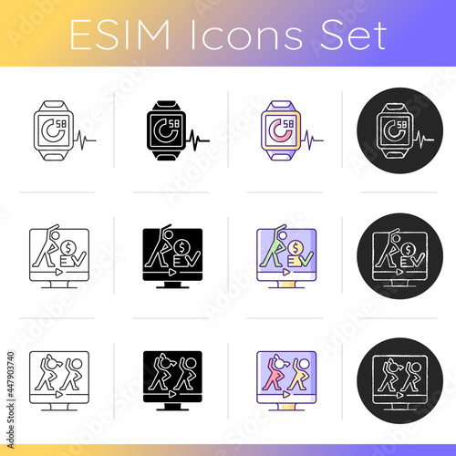 Online fitness athletic trainings icons set. Heart rate tracker. Kids aerobic classes. Workouts subscription. Health care increasment. Linear, black and RGB color styles. Isolated vector illustrations