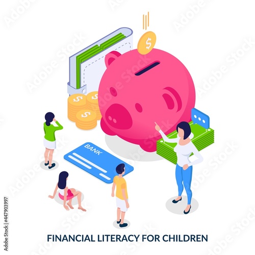 Woman teaches the younger generation how to handle money. Isometric vector illustration on white background with children and adults, money, piggy bank 