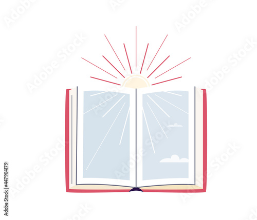 Read concept vector background. Open book with sun behind it, sunlight rays, stylized sky, cloud isolated on white. Library, bookstore design illustration in simple cartoon flat style