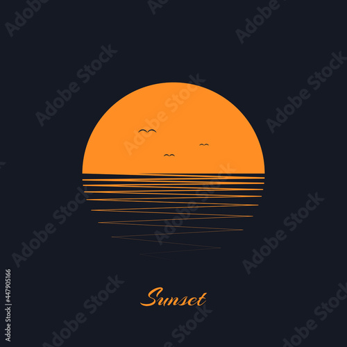 Sunset sea logo. Orange sun and sea. Minimal logo on dark black backround. Birds silhouette in front of rising sun. Holiday, travel summer concept