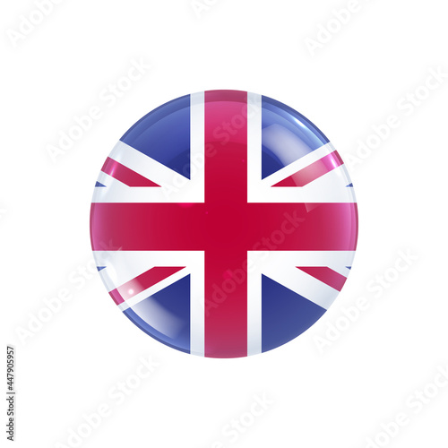 British Union Jack flag icon round badge or button. Glossy sphere vector illustration.
