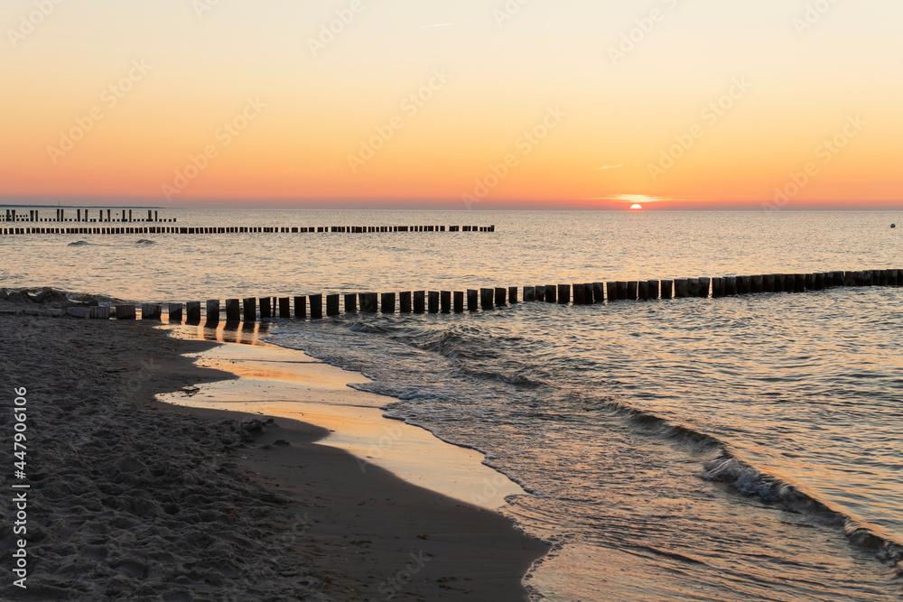 Wooden groines on the Baltic Sea near Zingst preventing beach erosion