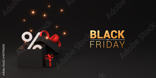 Black friday horizontal banner with black gift box, percentage sign and golden text. Black friday background. 3d render illustration