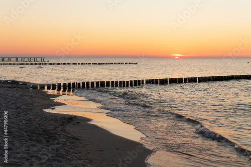 Wooden groines on the Baltic Sea near Zingst preventing beach erosion