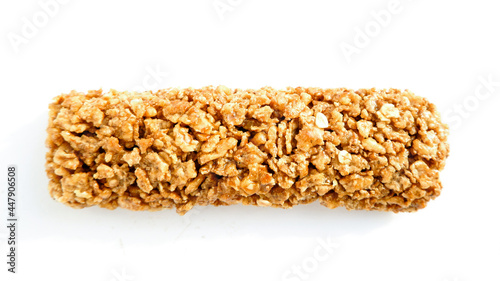 Сereal bar on white background. Healthy dessert snack. Top view. 