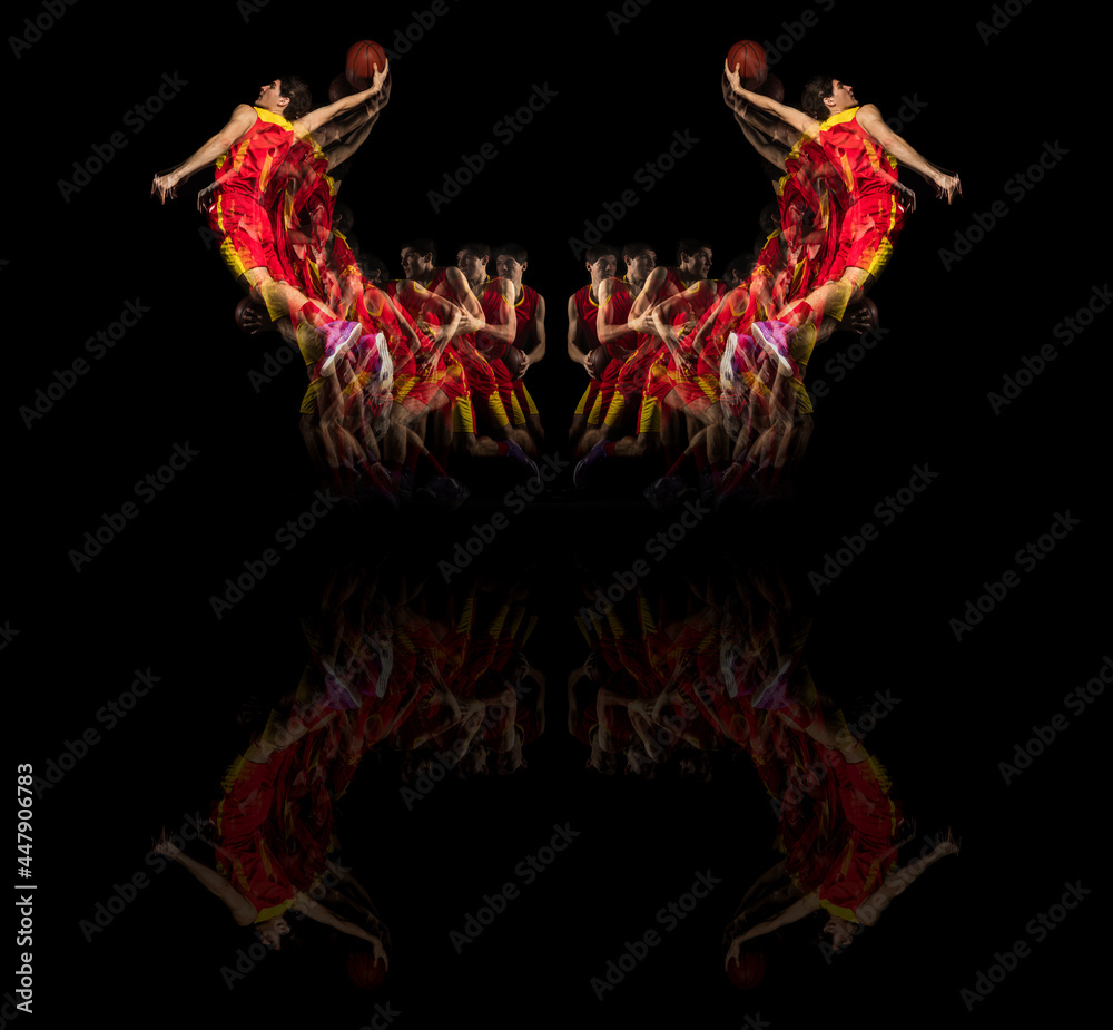 Obraz premium Development of movements with reflection, mirror effect. Collage of images of one young man, male basketball player in motion isolated on dark background.