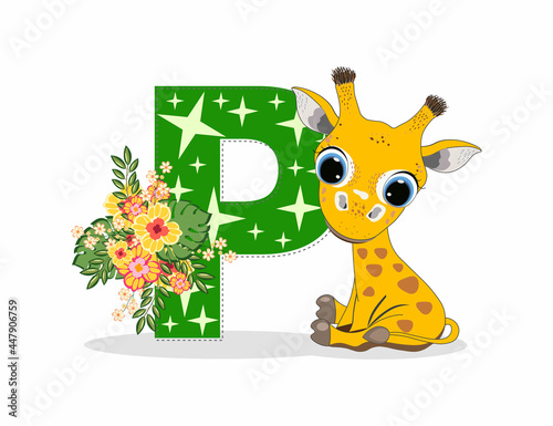 Cute Cartoon little giraffe with letter P. Perfect for greeting cards  party invitations  posters  stickers  pin  scrapbooking  icons.