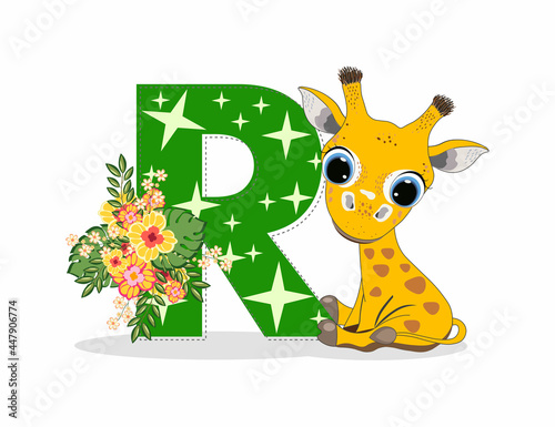 Cute Cartoon little giraffe with letter R. Perfect for greeting cards, party invitations, posters, stickers, pin, scrapbooking, icons.