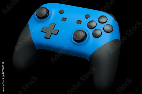 Realistic blue joystick for video game controller on black background