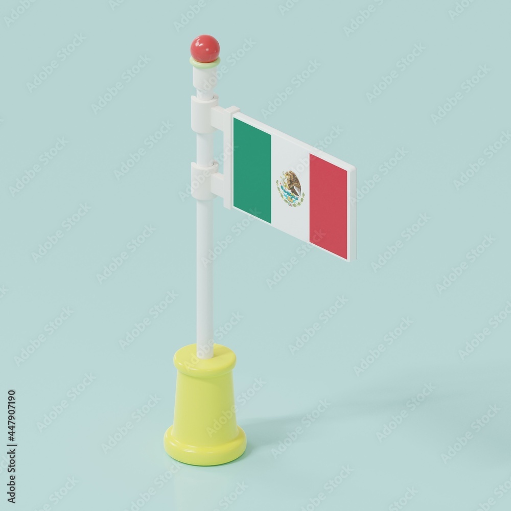 Mexico toy flag on blue background.3D minimal concept design illustration Mexico toy flag on blue background.3D minimal concept design illustration