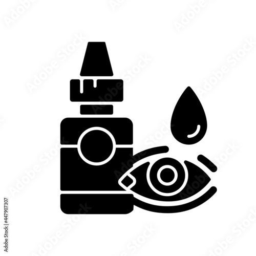 Eye drops black glyph icon. Relieving dryness and redness. Eye problems treatment. Reduce allergy symptom. Treat viral infection. Silhouette symbol on white space. Vector isolated illustration