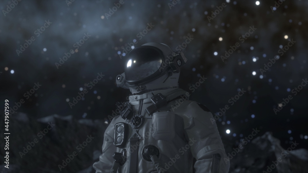 Alone astronaut stands on the surface of the moon among craters. 3d rendering