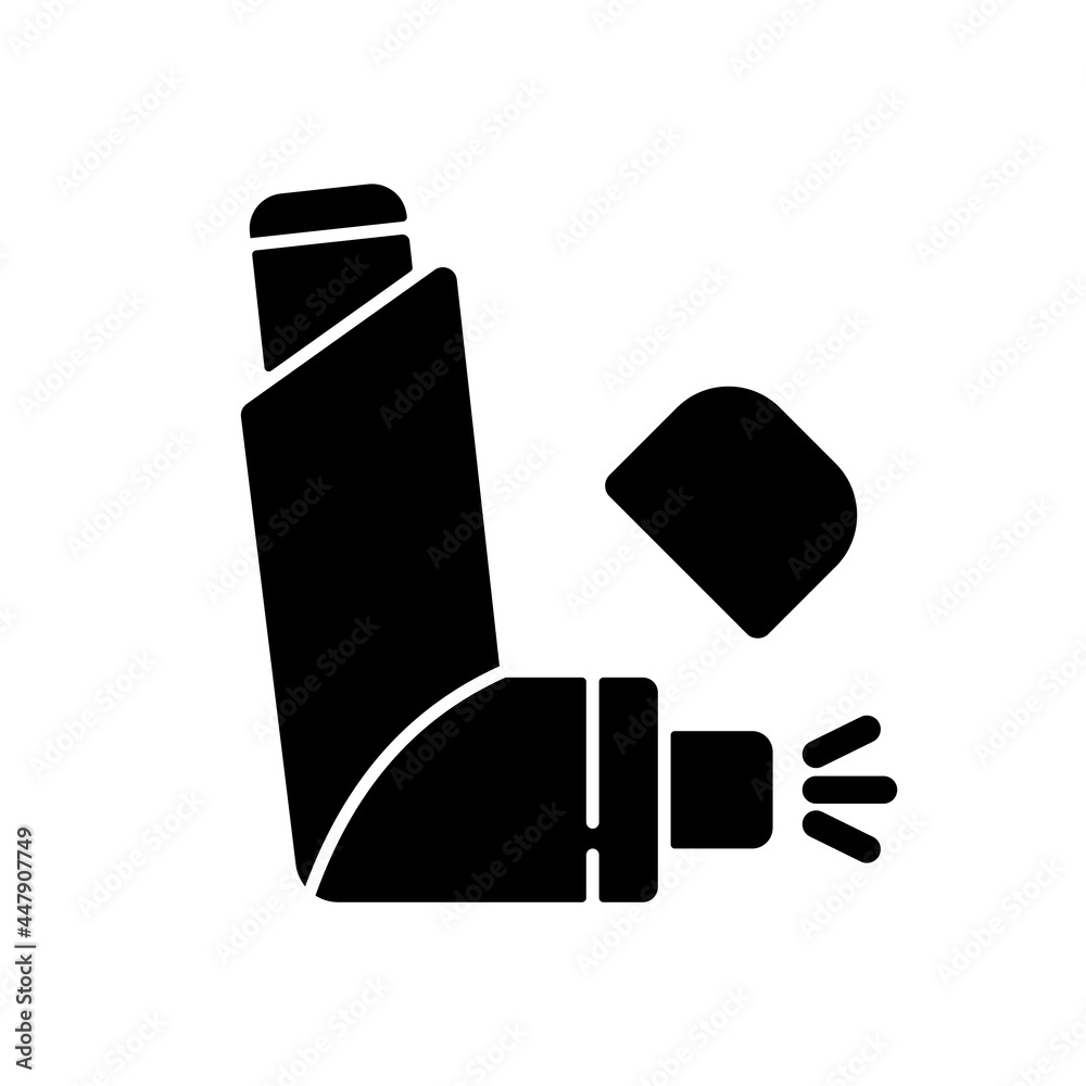 Inhaler black glyph icon. Allergy spray. Preventing asthma attacks. Deliver medication to lungs, airways. Portable medical device. Silhouette symbol on white space. Vector isolated illustration Inhaler black glyph icon. Allergy spray. Preventing asthma attacks. Deliver medication to lungs, airways. Portable medical device. Silhouette symbol on white space. Vector isolated illustration