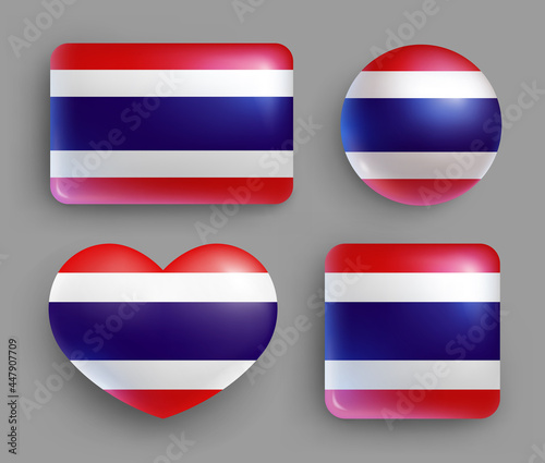 Set of glossy buttons with Thailand country flag. Southeast Asia country national flag, shiny geometric shape badges. Thailand symbols in patriotic colors realistic vector illustration