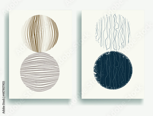 Modern poster with minimalist design elements . Grunge textured circles in Boho style  . Wall art , home deco . Vector abstract shape.