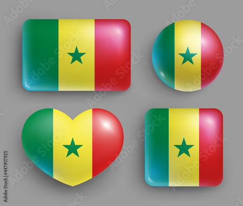 Set of glossy buttons with Senegal country flag. Western Africa country national flag, shiny geometric shape badges. Senegal symbols in patriotic colors realistic vector illustration