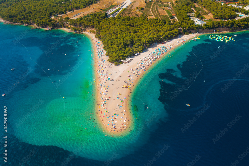 Aerial scene of Zlatni rat beach on Brač island, Croatia
