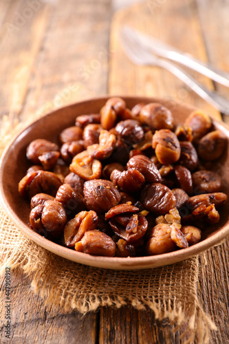 chestnut,  maroni cooked on plate