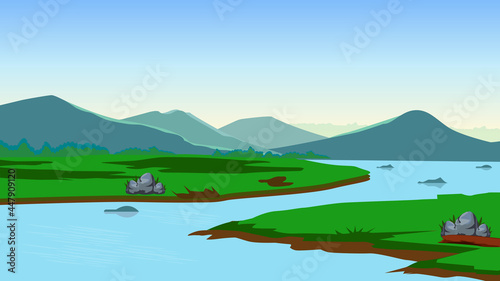 Mountain and river landscape vector illustration. Cartoon flat panorama of spring summer beautiful nature, green grasslands meadow with  blue lake and mountain.
