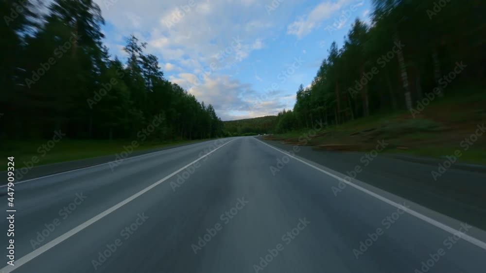 The concept of compliance with traffic rules, road safety. Trip through the picturesque area. Dense coniferous forests. High quality. 4k footage.