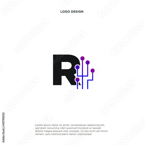 letter R abstract logo design symbol letter mark technology  dot  computer  data  internet. premium vector.