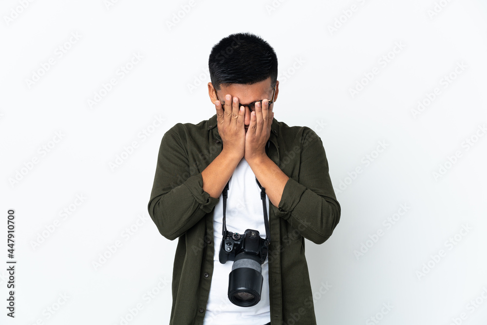 Young Ecuadorian photographer isolated on white background with tired and sick expression Young Ecuadorian photographer isolated on white background with tired and sick expression