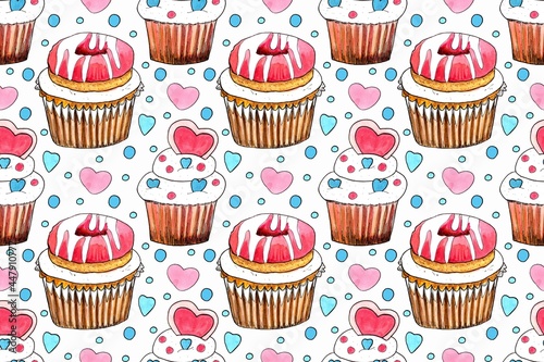 Seamless pattern, sweet cake. Watercolor hand painted illustration. Background for greeting card, invitations baby shower, scrapbooking paper