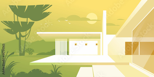 House in the subtropics. Contemporary residential architecture, abstract flat vector illustration in pastel green shades. Background mockup for landing page or banner design.