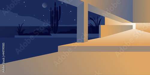 Porch of a Country house at night. Modern residential architecture, abstract flat vector illustration. Background layout for landing page, banner or postcard design.