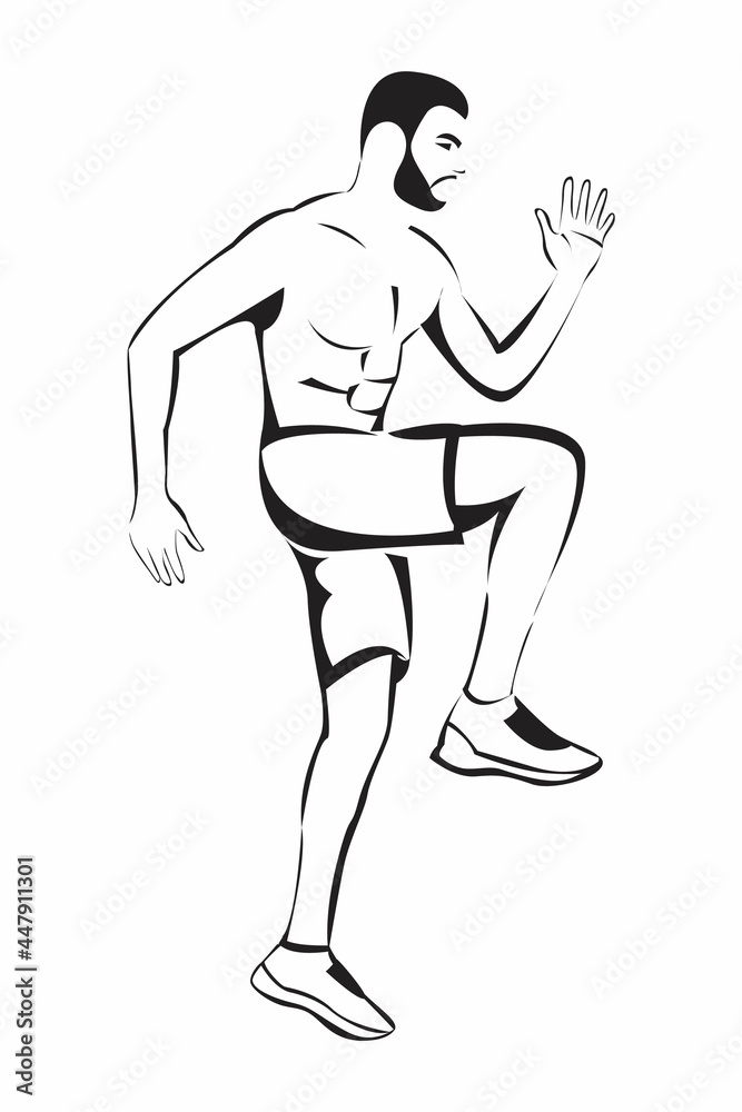 Sporty man on exercise, isolated on white background. Sports, Workout at home or in gym. Cardio fitness training equipment. Side view illustration.