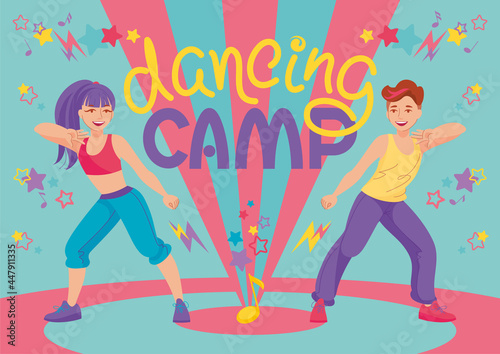 Dancing camp poster with cherrfull dancers and festive elments. Summertime lifstyle, teenagers activity, dance festival. Vector illustartion, cartoon characters. Banner, flayer design template