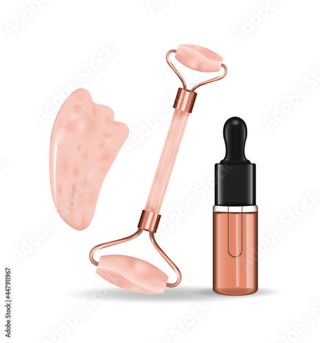 Roller scraper gua sha realistic 3d style. Facial massager, anti-wrinkle. Women s care, cosmetology concept. Vector illustration