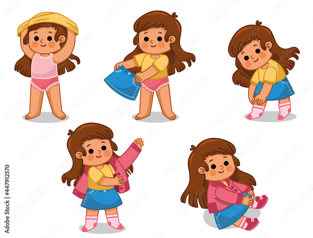 Vector illustration set of little girl wearing her clothes all by herself. Vector illustration set of little girl wearing her clothes all by herself.