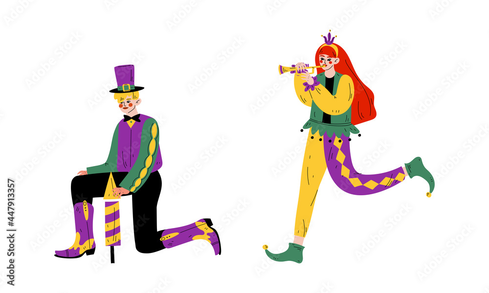 Man and Woman in Bright Costumes for Circus Show or Entertaining Performance Vector Set Man and Woman in Bright Costumes for Circus Show or Entertaining Performance Vector Set
