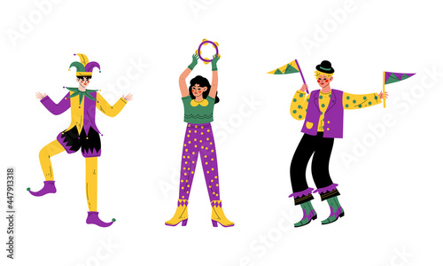 Man and Woman in Bright Costumes for Circus Show or Entertaining Performance Vector Set