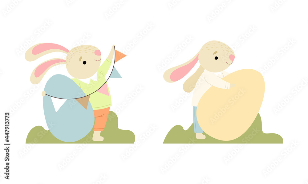 Cute Easter Bunny with Long Ears with Big Egg and Flag Garland Vector Set Cute Easter Bunny with Long Ears with Big Egg and Flag Garland Vector Set