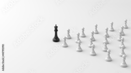 Leadership concept, black king of chess, standing out from the crowd of white pawns, on white background with empty copy space. 3D Rendering