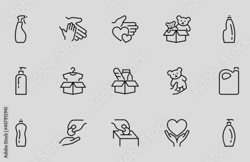 Charity Icon Set Donations, Vector linear Icons, set has a box of clothes, a parcel with toys, A manifestation of kindness. Editable stroke. isolated icons. Helping the poor