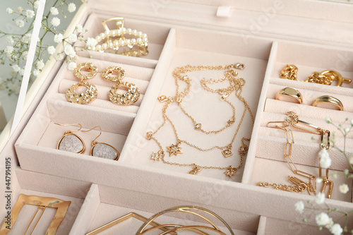 Different elegant bijouterie in pink jewelry box, closeup photo