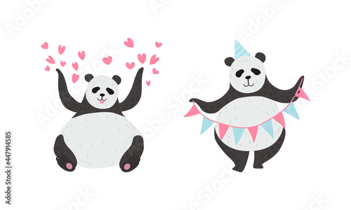 Panda Bear with Black-and-white Coat and Rotund Body Holding Garland and Sitting with Raised Paws Vector Set