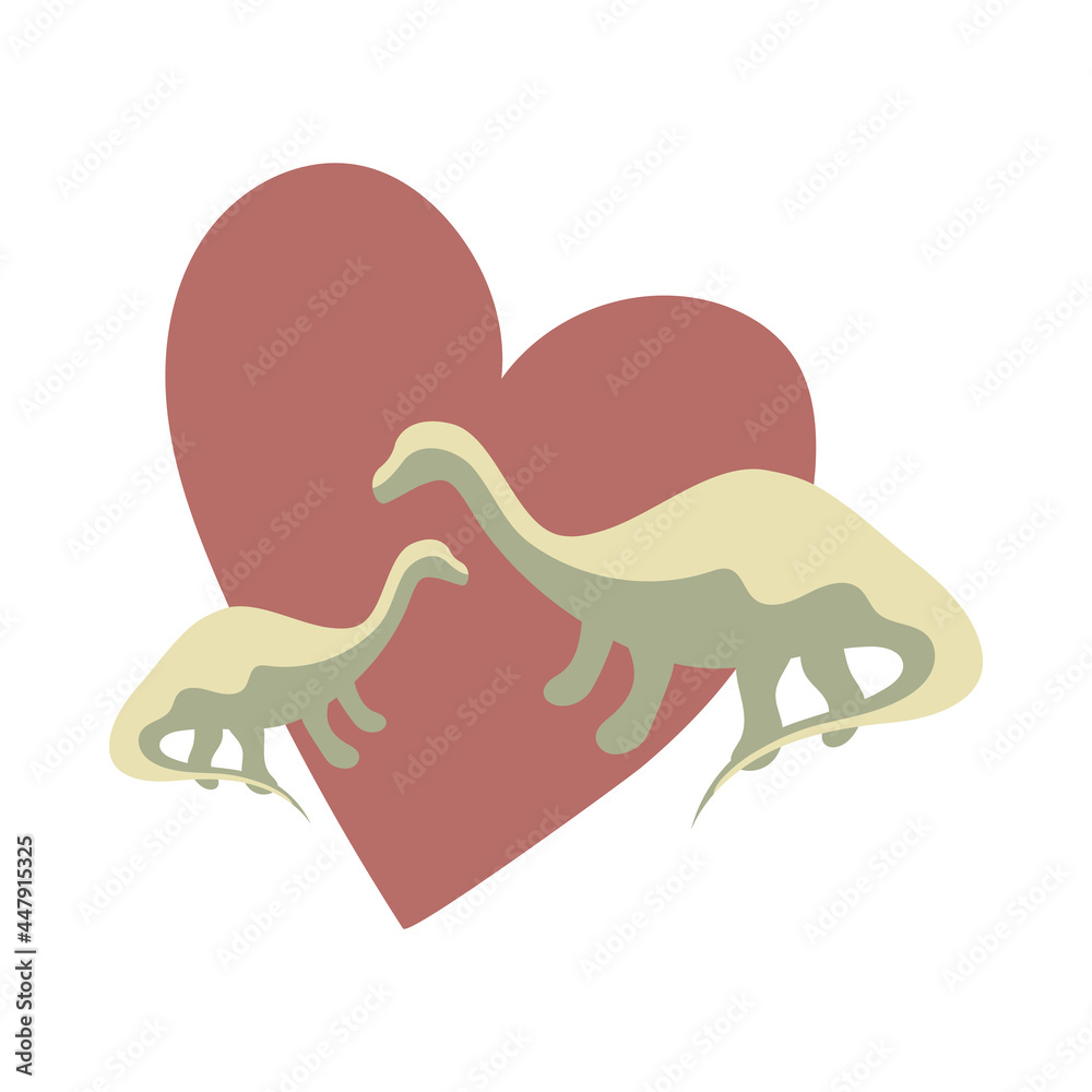 Fototapeta premium Two green dinosaurs with red heart background, animal protection, animal love theme, dinosaur family. The concept of love for dinosaurs, parental love, can be used as logo. Vector cute illustration.