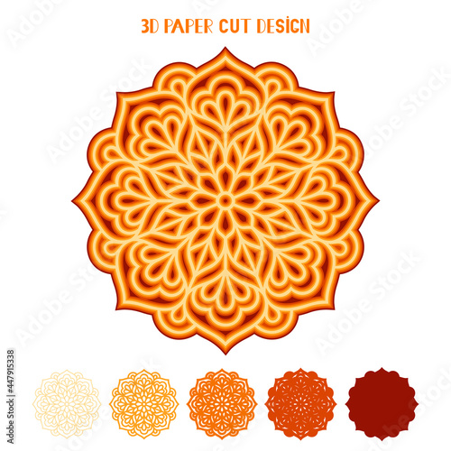 3D fall vector mandala. Zentangle with leaves. Multi layered paper cut template. Abstract lace floral element for cards, yoga, meditation. Isolated on white background. For sublimation or wall art.