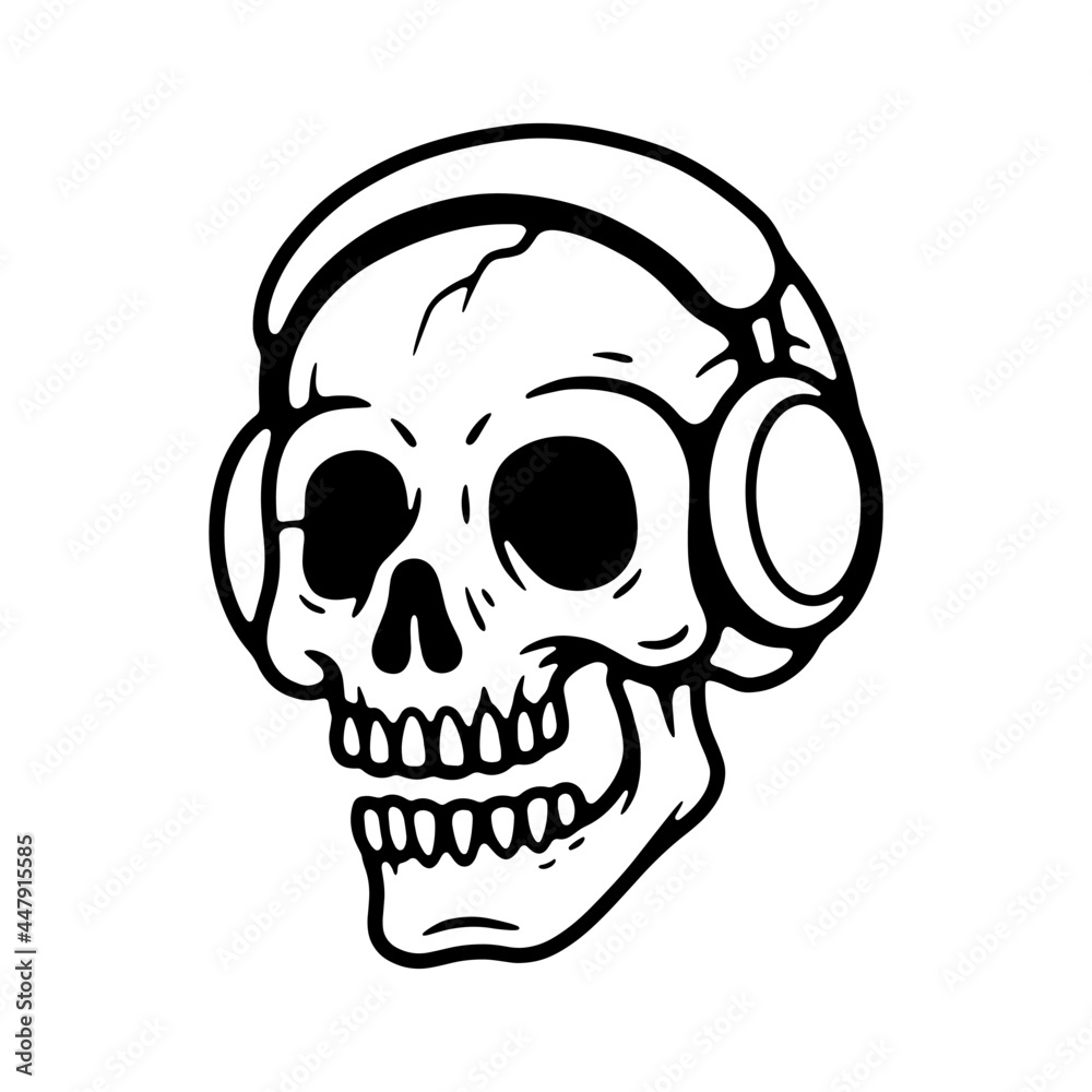 Fototapeta premium SKULL WITH HEADPHONES ICON BLACK WHITE BACKGROUND