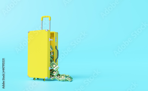 dollar banknote fall out from yellow suitcase isolated in blue background,leak money dollar concept,3d illustration or 3d render