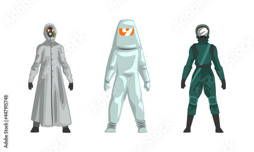 Man in Hazmat Suit as Personal Protective Equipment with Impermeable Garment Vector Set