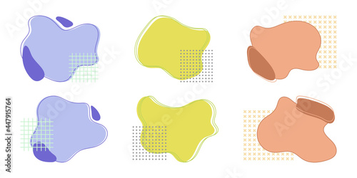 Set of simple abstract colored shapes, for text, for creating modern design. Memphis abstract figure stray shape with lines, grids of dots and crosses. Modern minimalistic decorative design elements