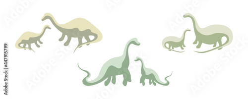 Set of green dinosaur silhouettes  three pairs of dinosaurs  prehistoric era. Extinct dino species  silhouette for a museum or for an amusement park. Vector isolated icons  dinosaur family concept